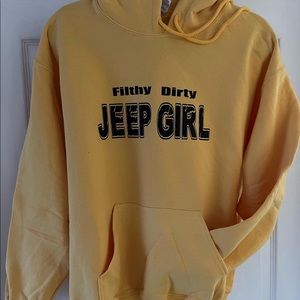 Yellow Gildan hooded sweatshirt with Filthy Dirty Jeep Girl logo.